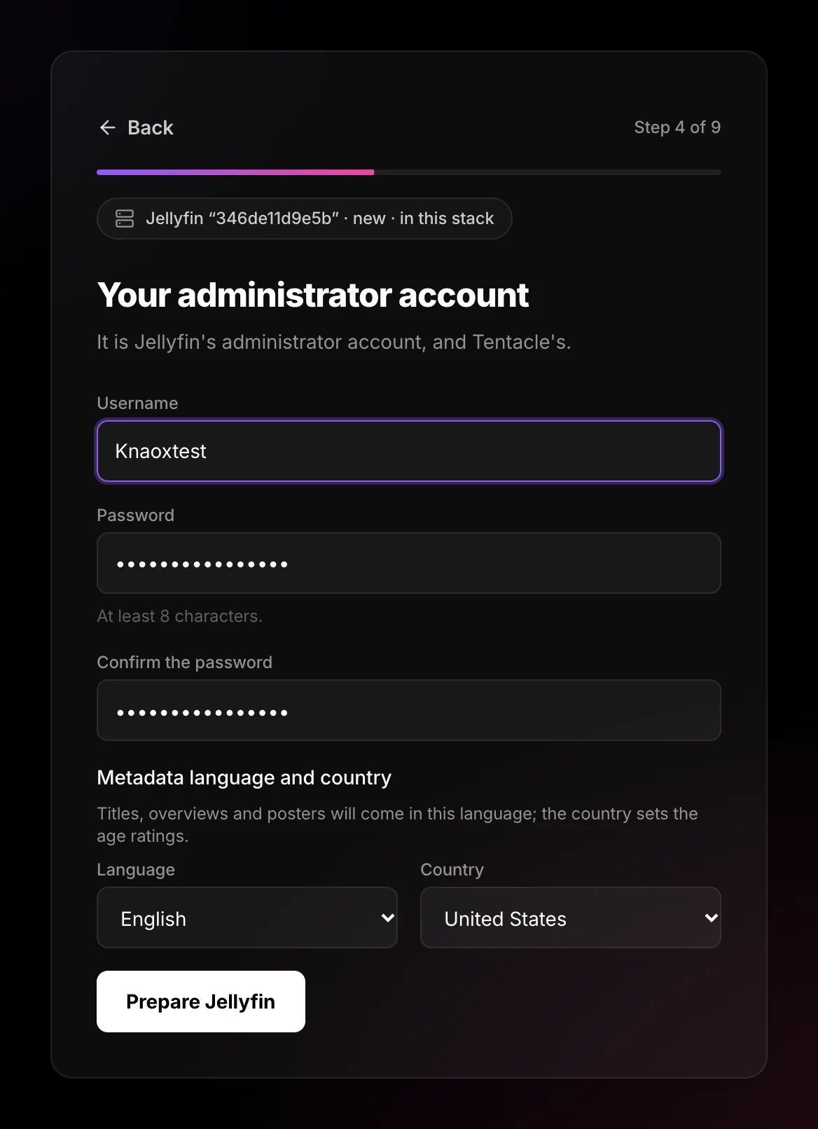 Administrator account screen: username, password, confirmation, metadata language and country