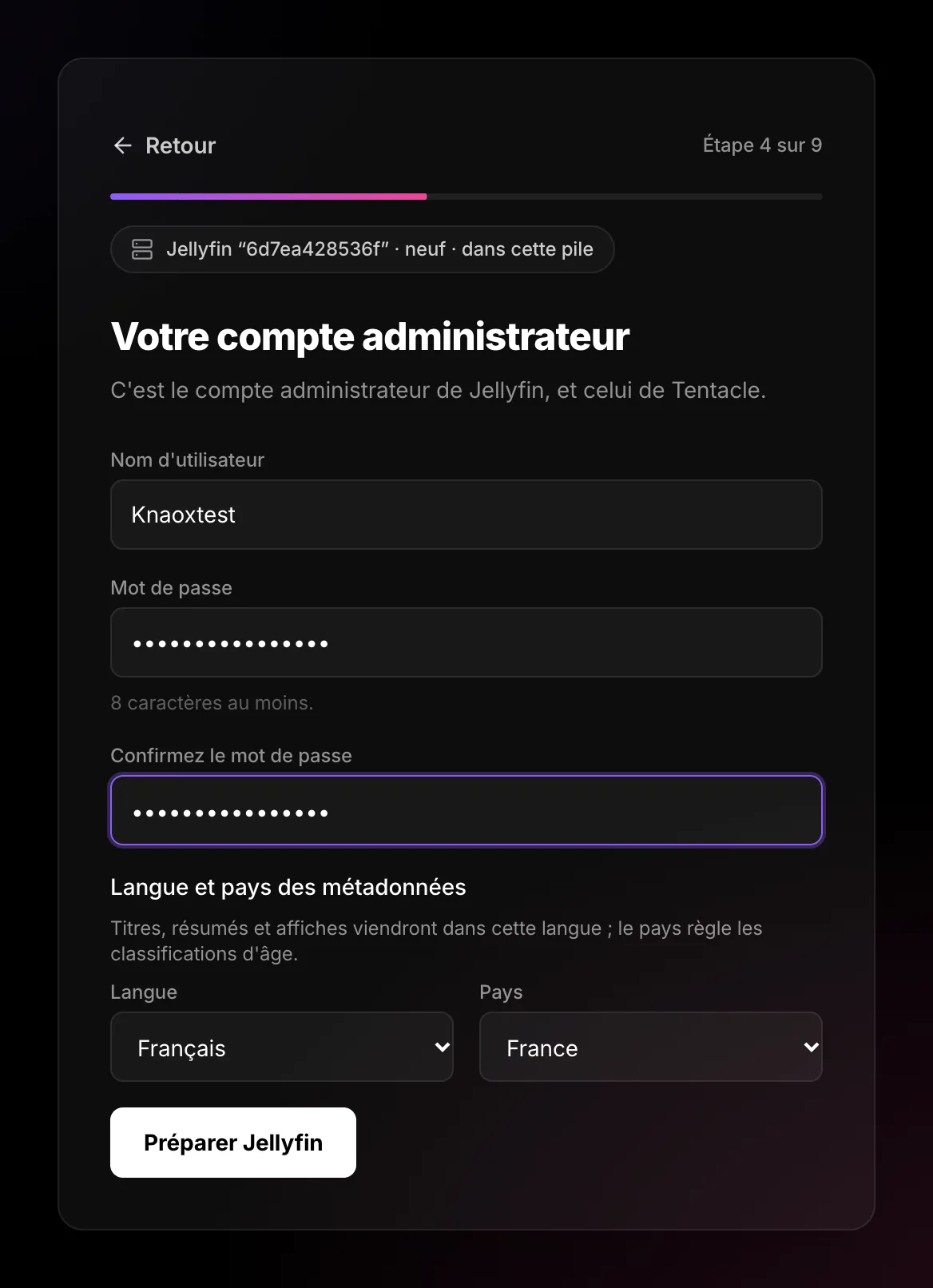 Administrator account screen: username, password, confirmation, metadata language and country