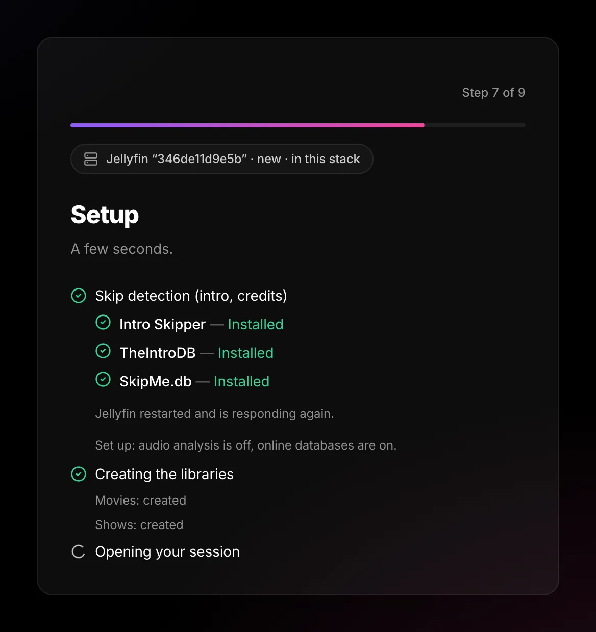 Installation screen: Intro Skipper, TheIntroDB and SkipMe.db installed, Jellyfin restarted