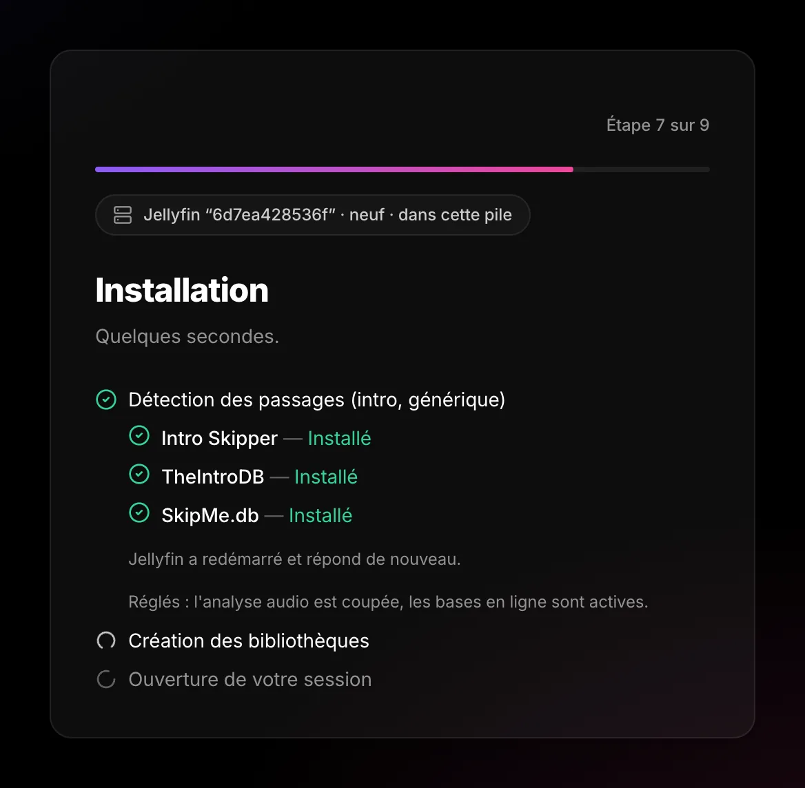 Installation screen: Intro Skipper, TheIntroDB and SkipMe.db installed, Jellyfin restarted