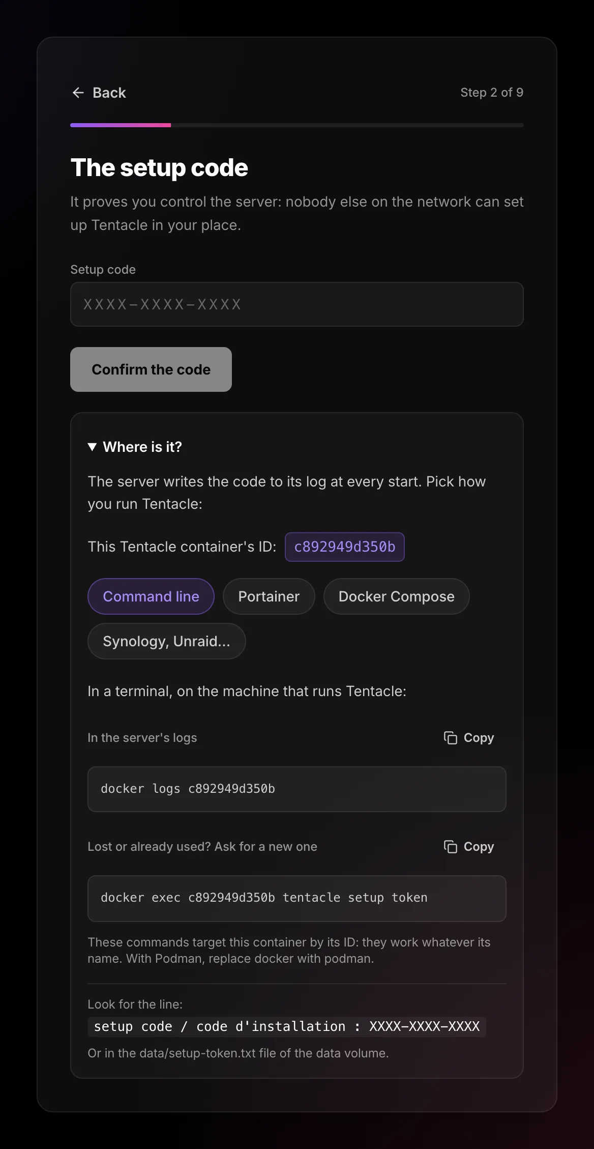 “Where is it?” panel, Command line tab: docker logs and docker exec commands with the container ID