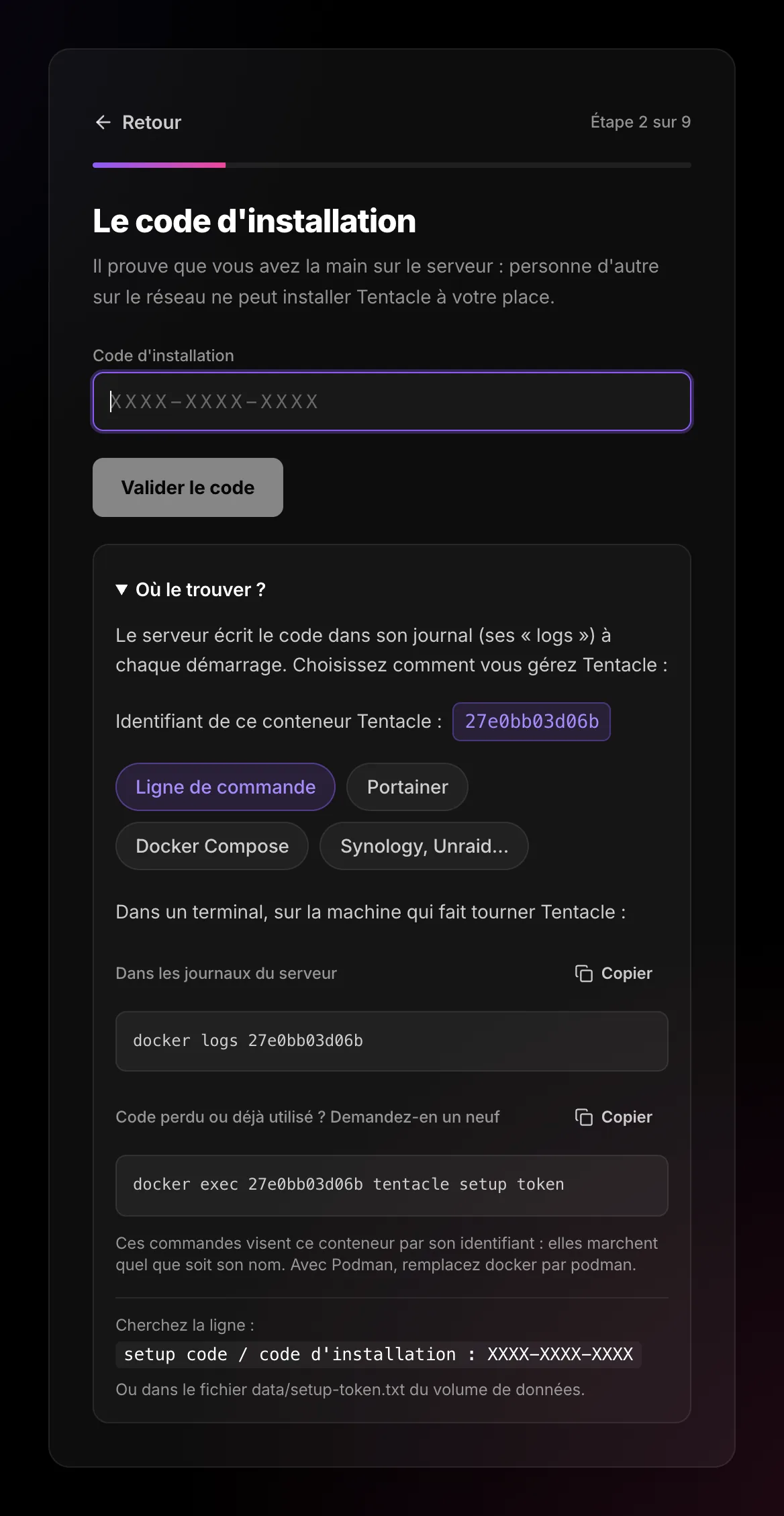 “Where is it?” panel, Command line tab: docker logs and docker exec commands with the container ID