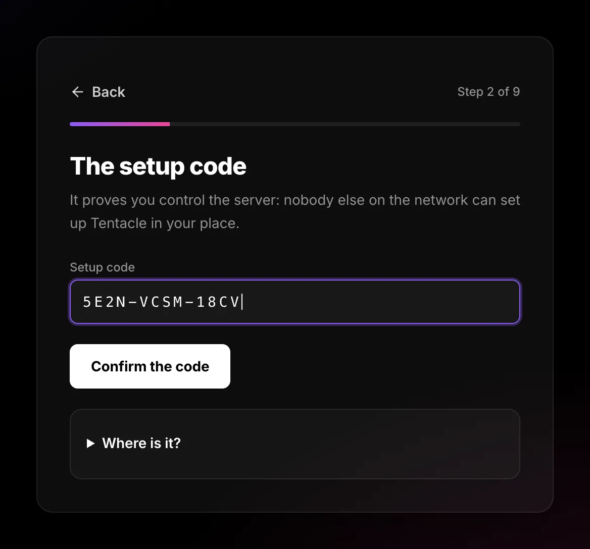 The setup code screen with a code typed in