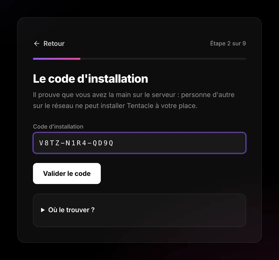 The setup code screen with a code typed in