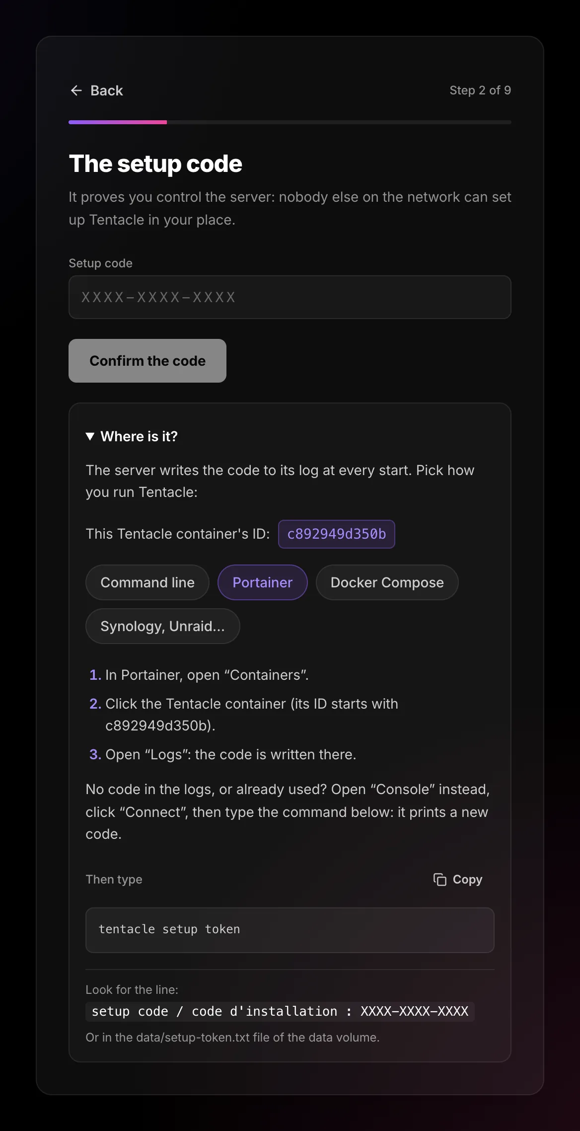 Portainer tab of the code help