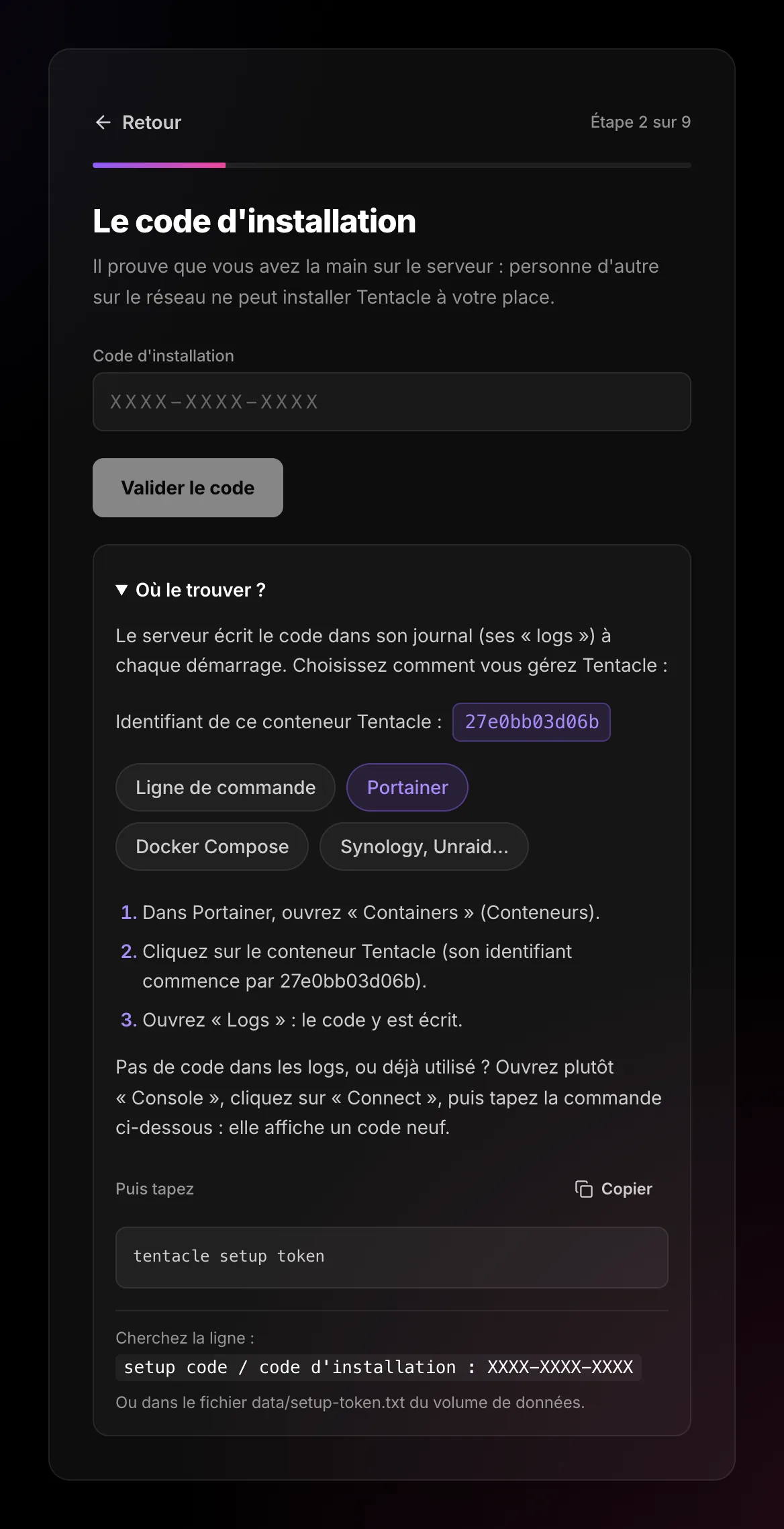 Portainer tab of the code help