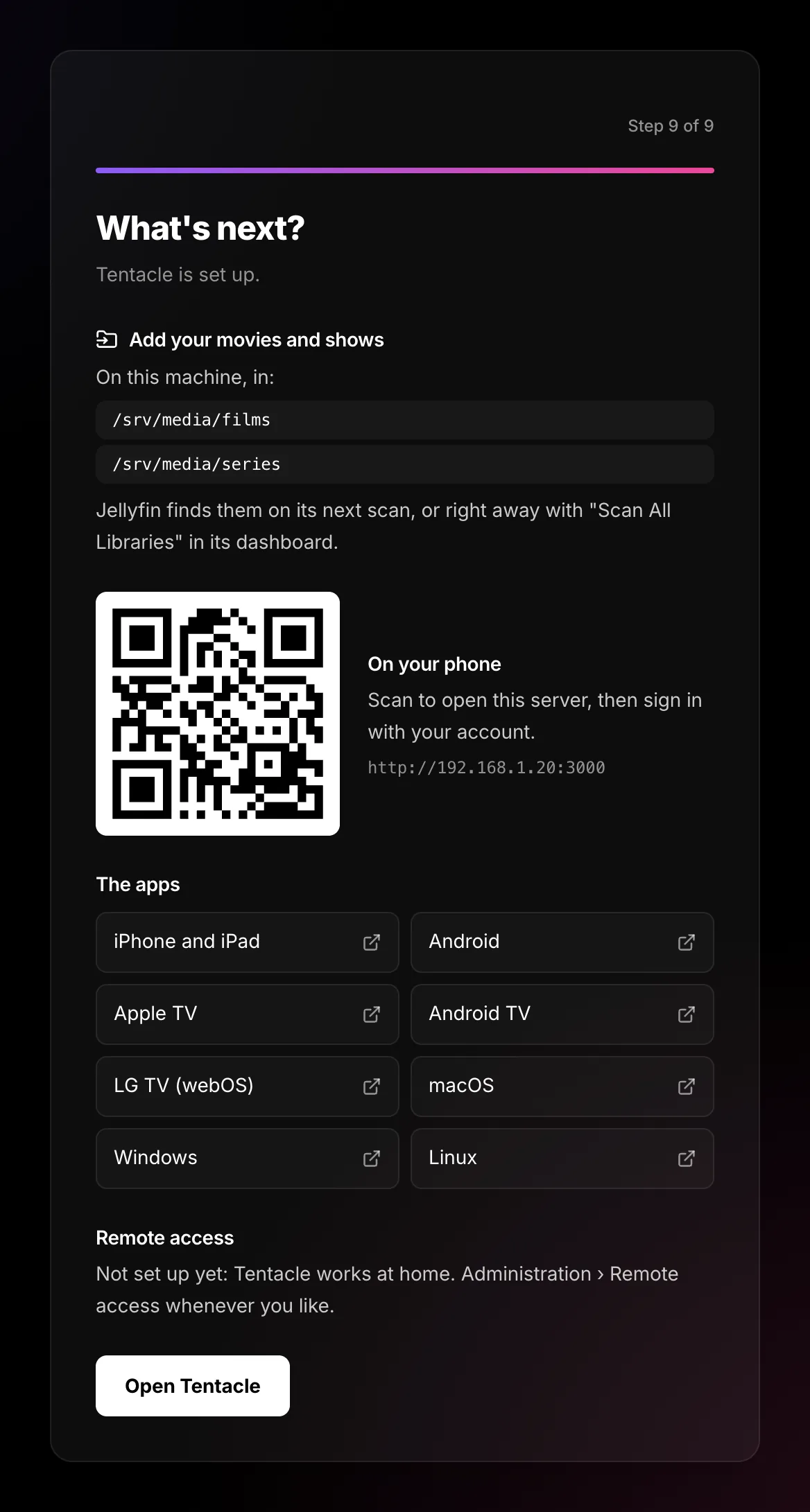 Final screen: where to drop files, QR code, the apps, remote access status