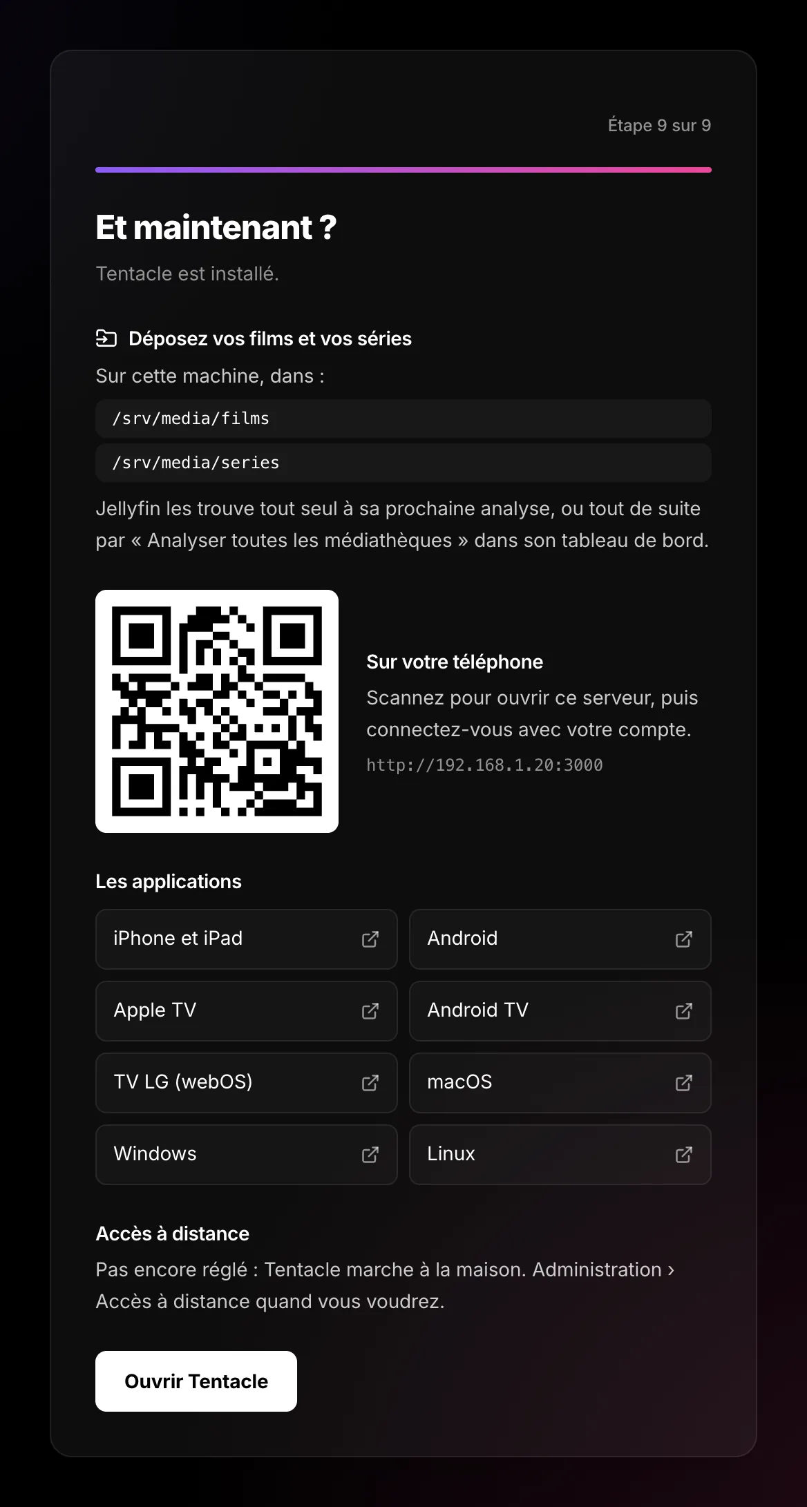 Final screen: where to drop files, QR code, the apps, remote access status