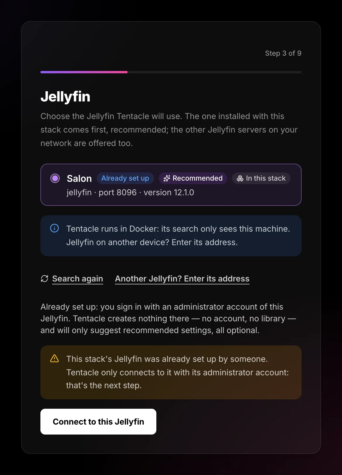Jellyfin screen with a Jellyfin marked Already set up