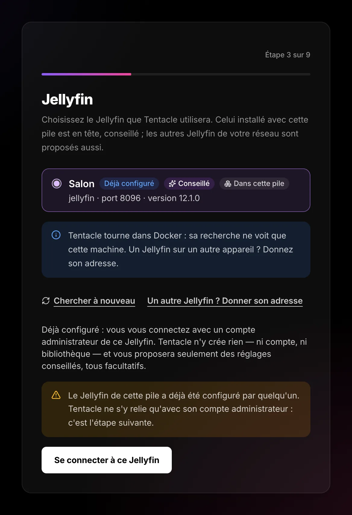 Jellyfin screen with a Jellyfin marked Already set up