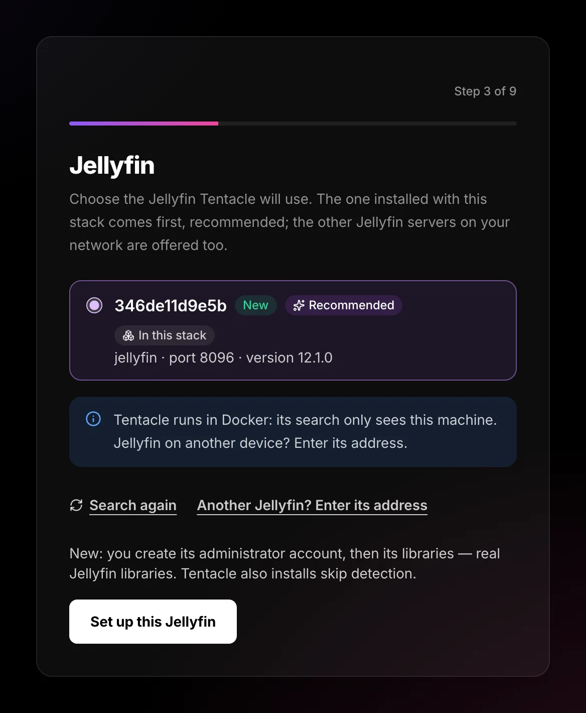 Jellyfin screen: the stack’s Jellyfin, marked New, Recommended and In this stack, ticked