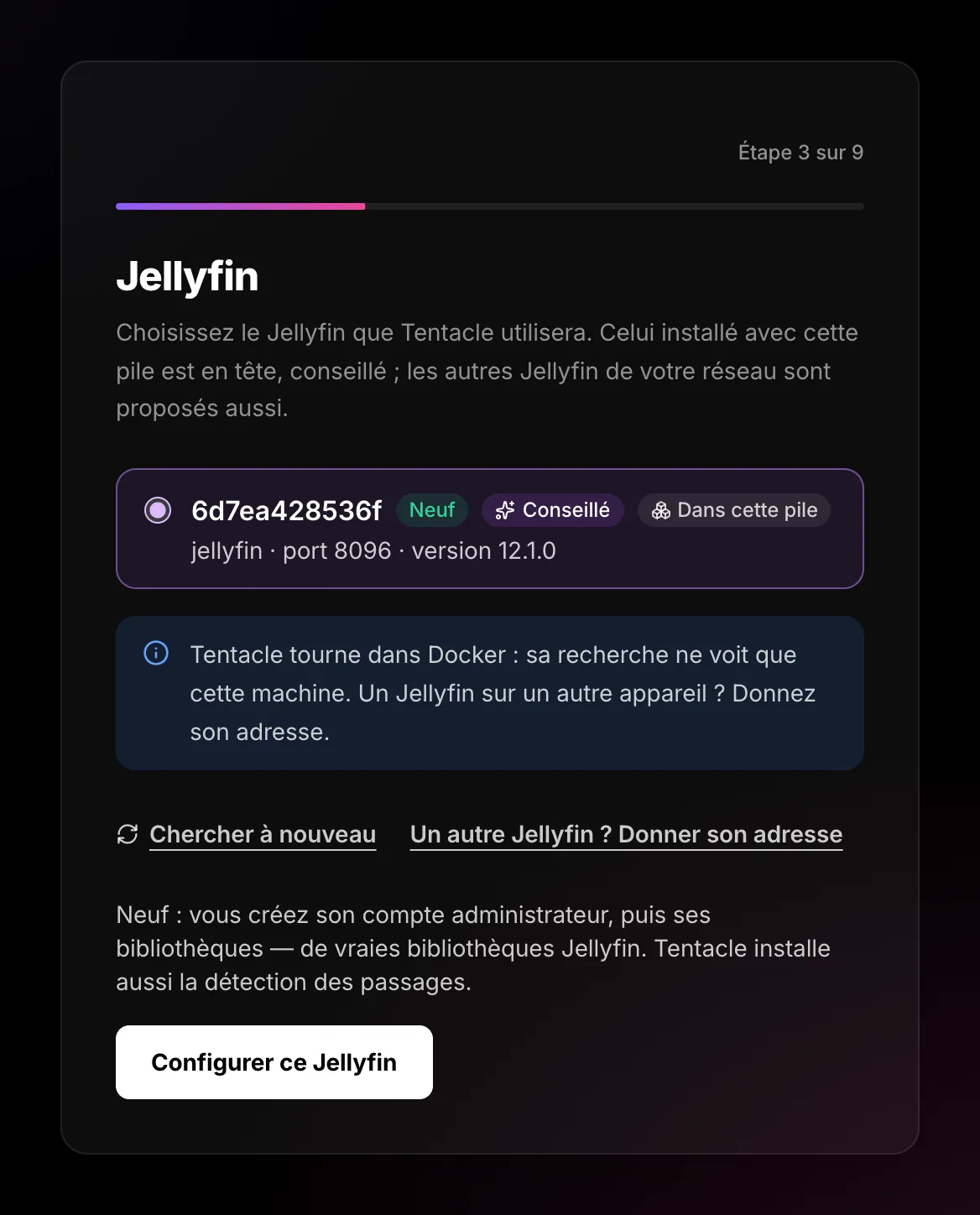 Jellyfin screen: the stack’s Jellyfin, marked New, Recommended and In this stack, ticked