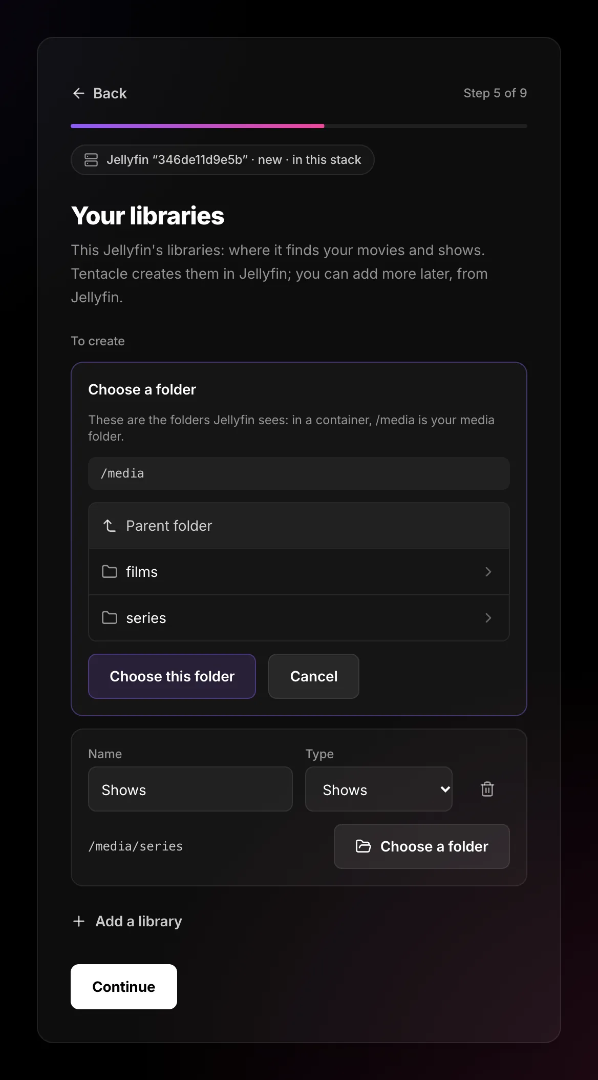 Folder browser showing /media with the films and series folders