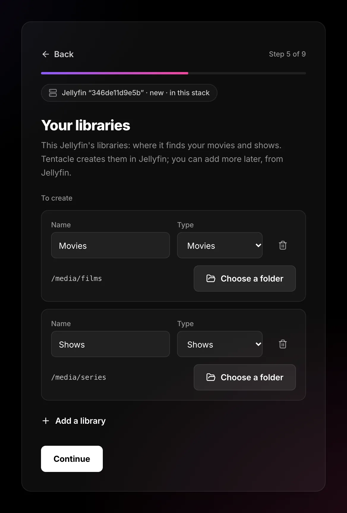 Libraries screen: Movies on /media/films and Shows on /media/series