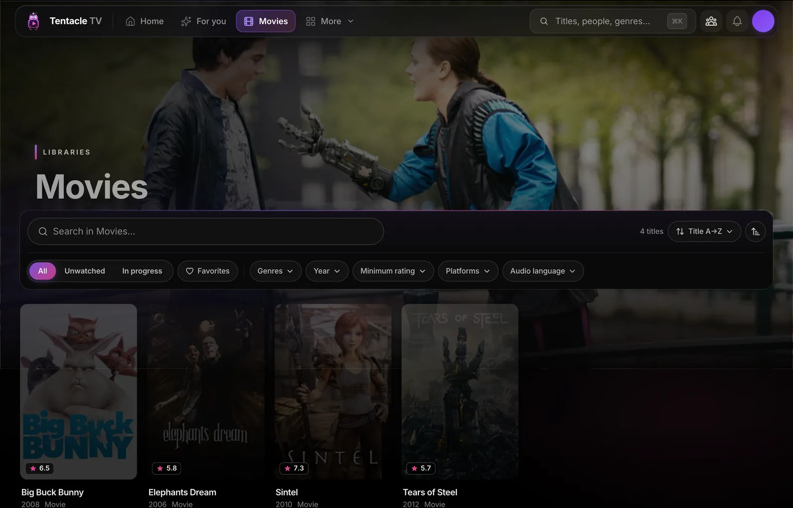 Tentacle’s Movies library showing four movies including Sintel