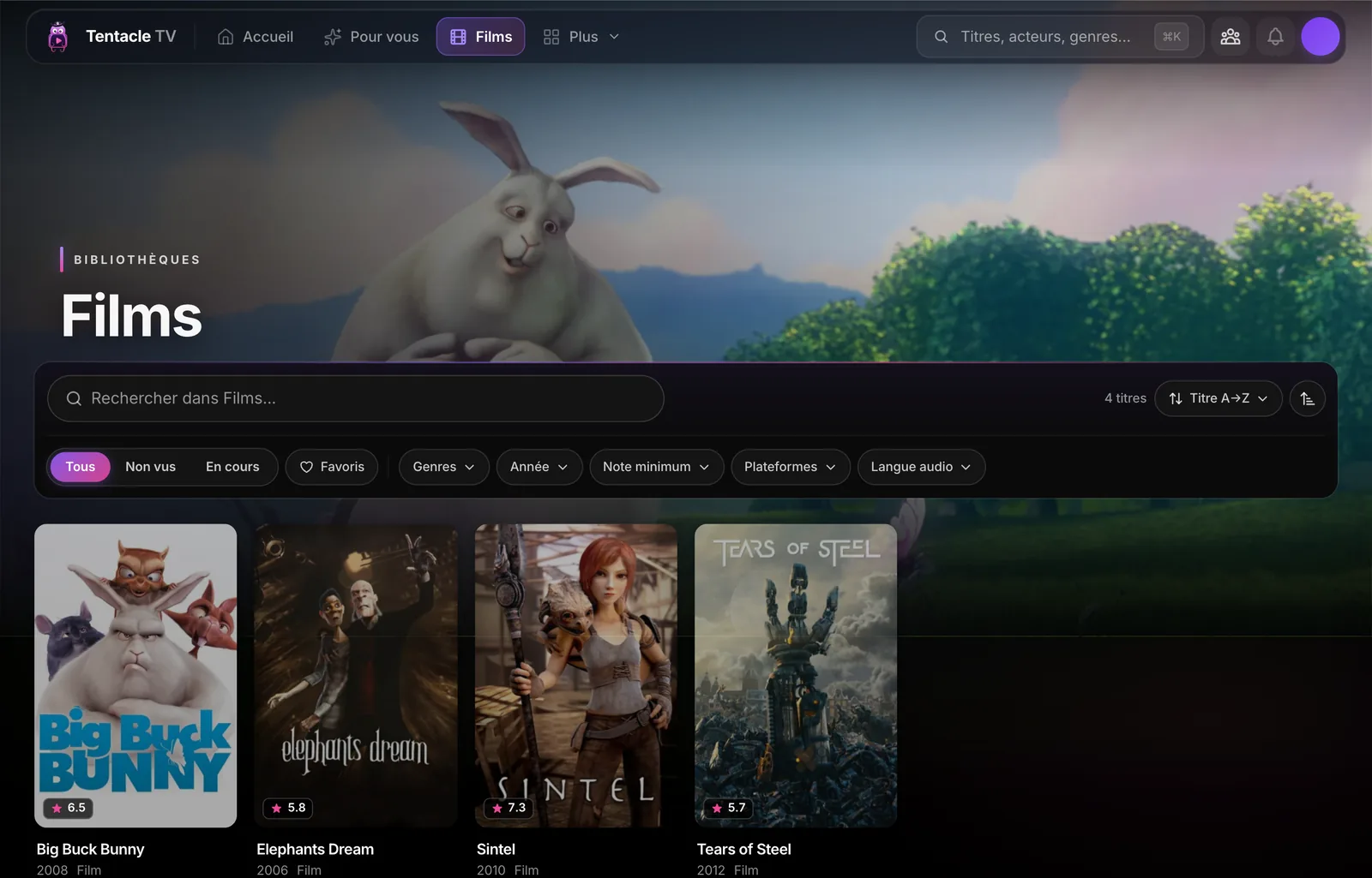 Tentacle’s Movies library showing four movies including Sintel