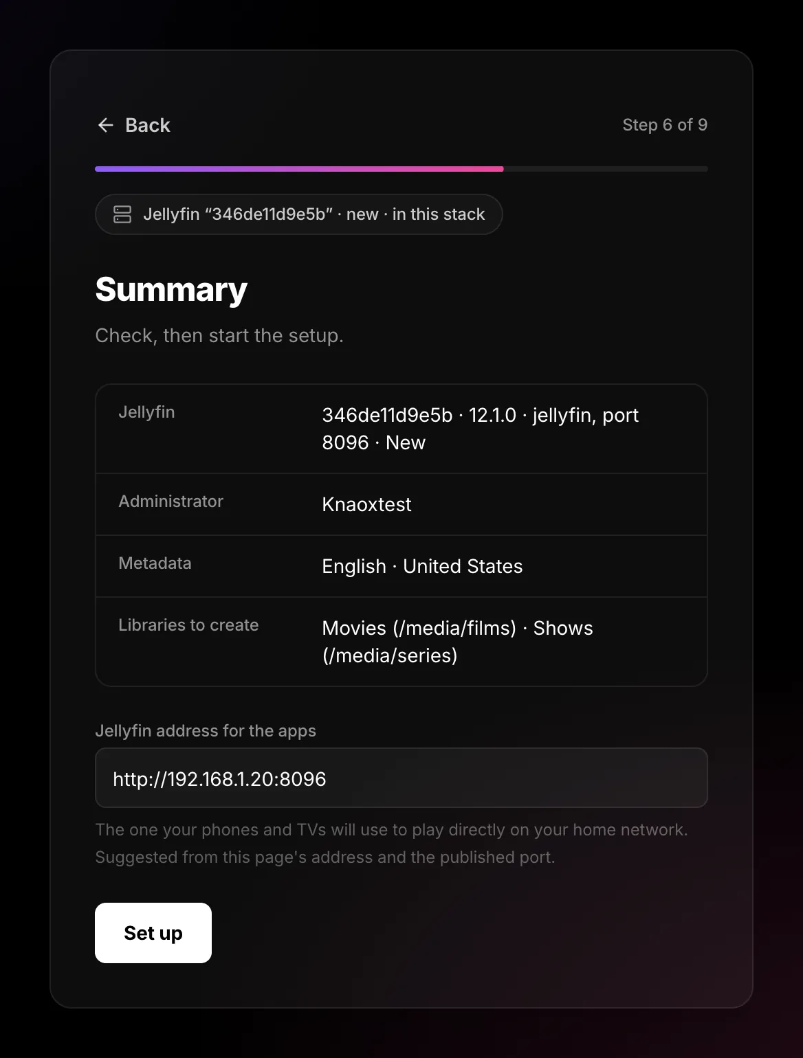 Summary screen with the Jellyfin address for the apps