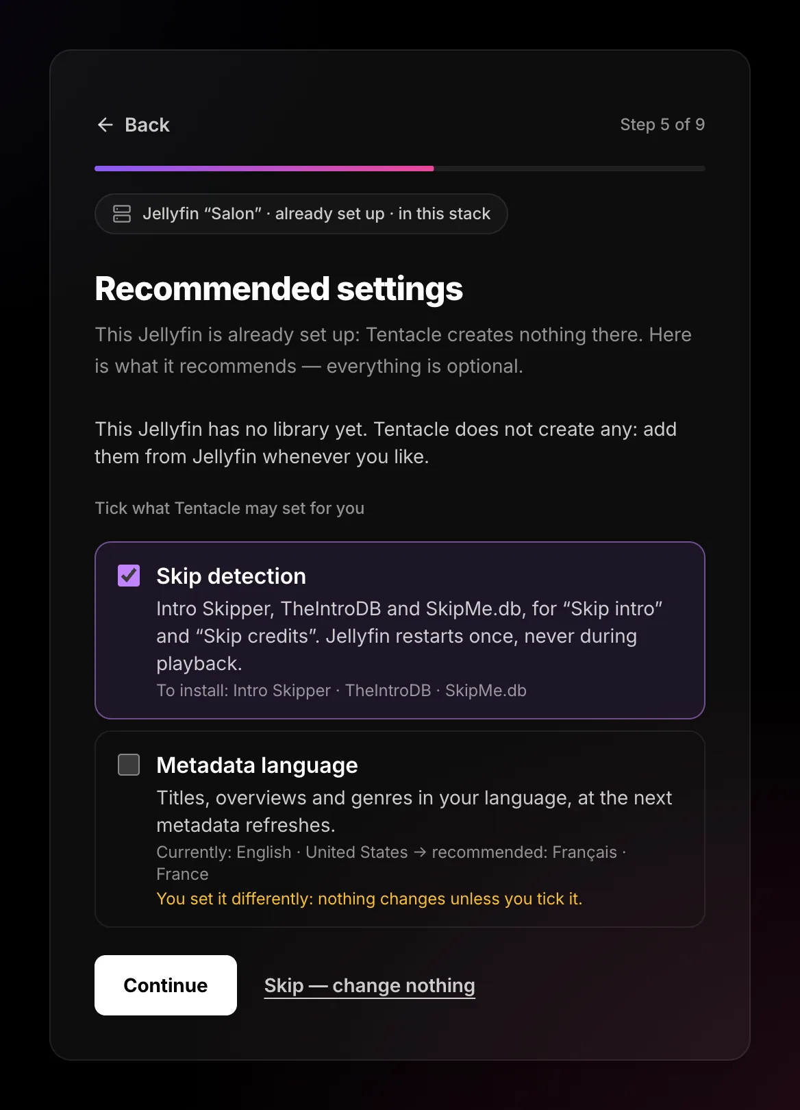 Recommended settings screen with Skip detection and Metadata language