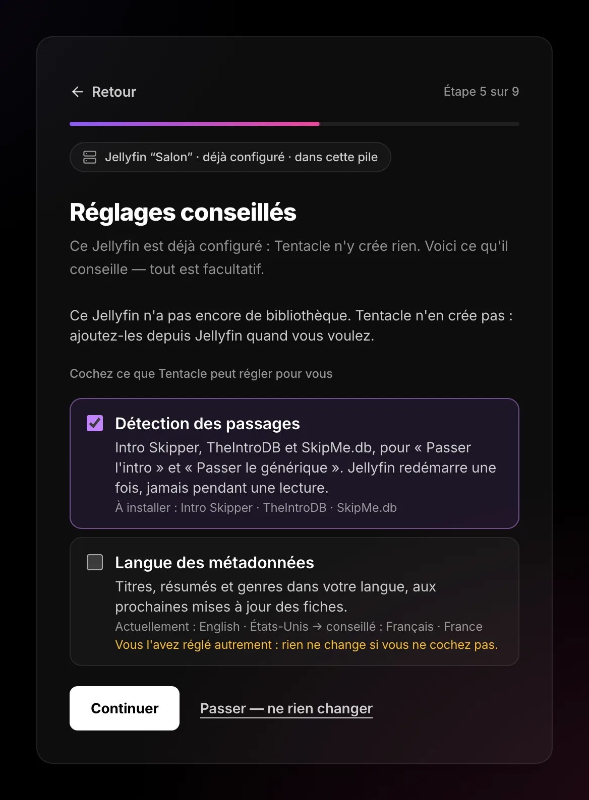 Recommended settings screen with Skip detection and Metadata language
