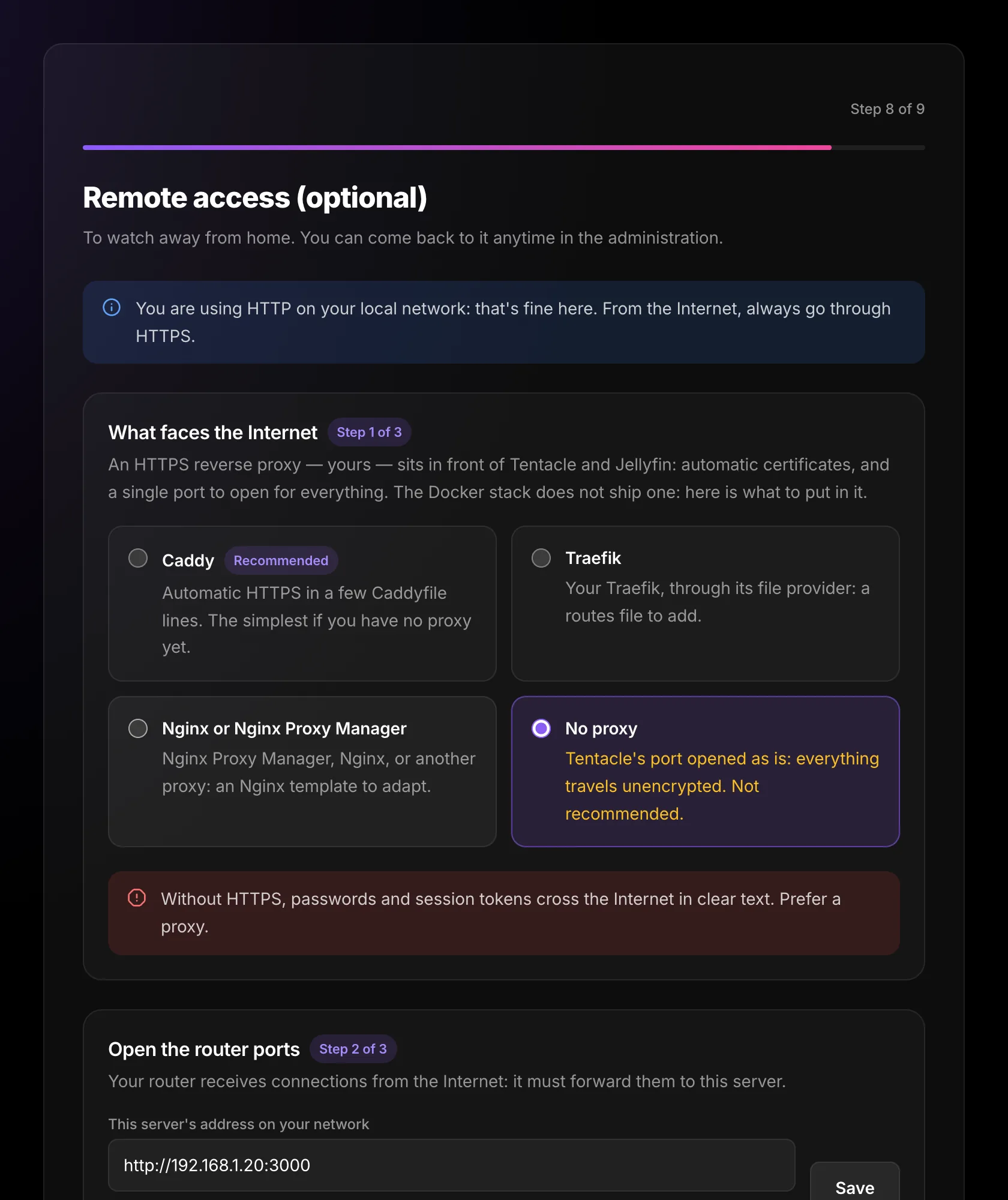 Remote access step of the wizard