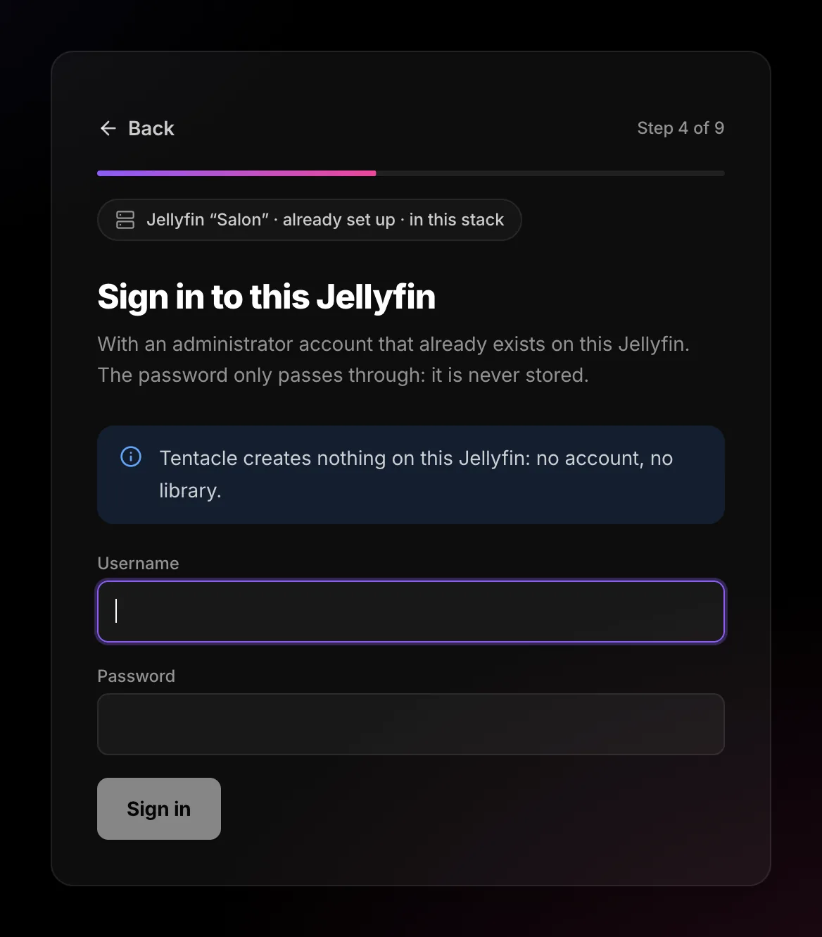 Sign-in screen for a Jellyfin already set up