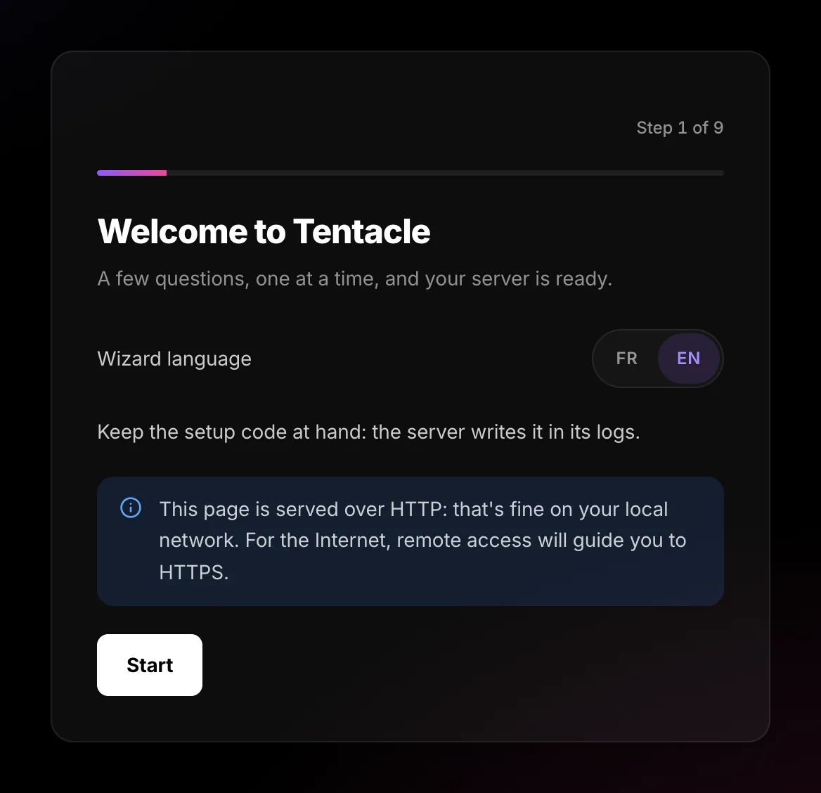 Welcome screen of the setup wizard, with the language choice and the Start button