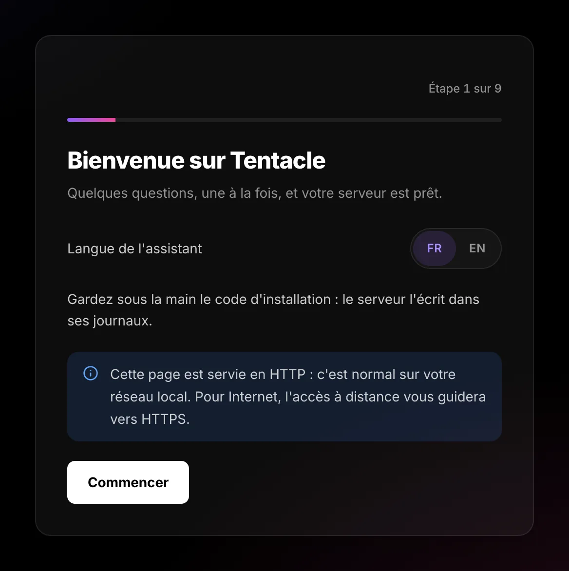 Welcome screen of the setup wizard, with the language choice and the Start button
