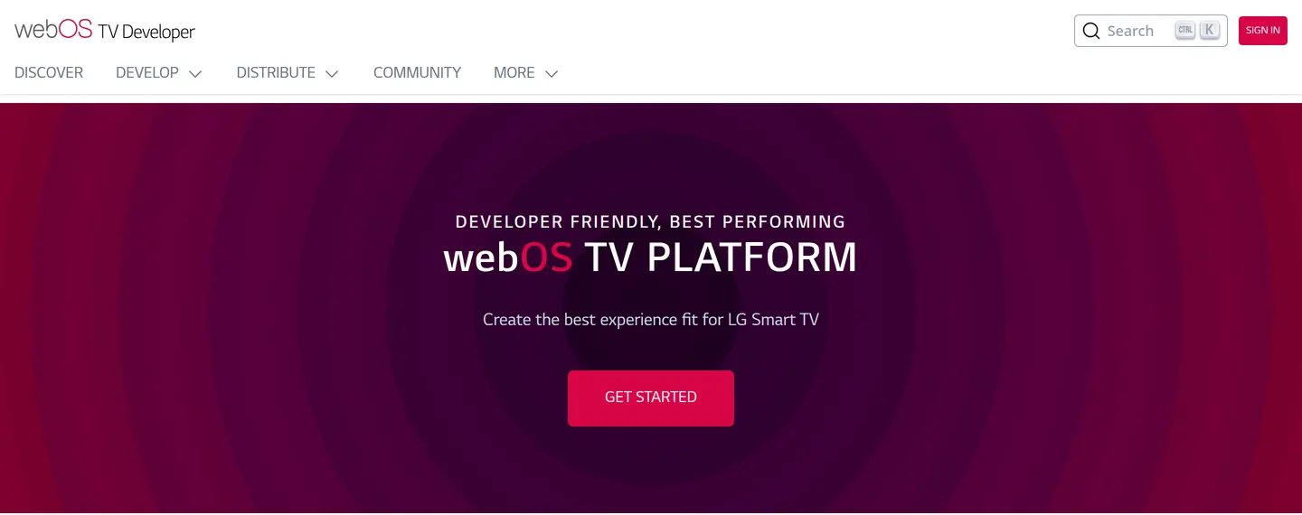 LG webOS TV developer portal, SIGN IN button at the top right