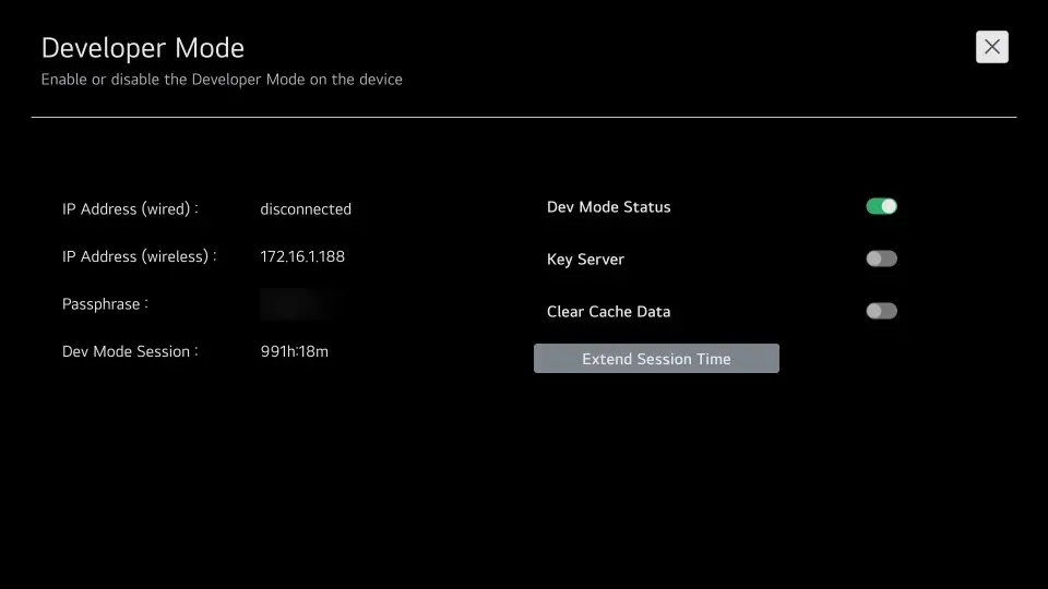 Developer Mode showing the TV IP address and the passphrase (blurred)
