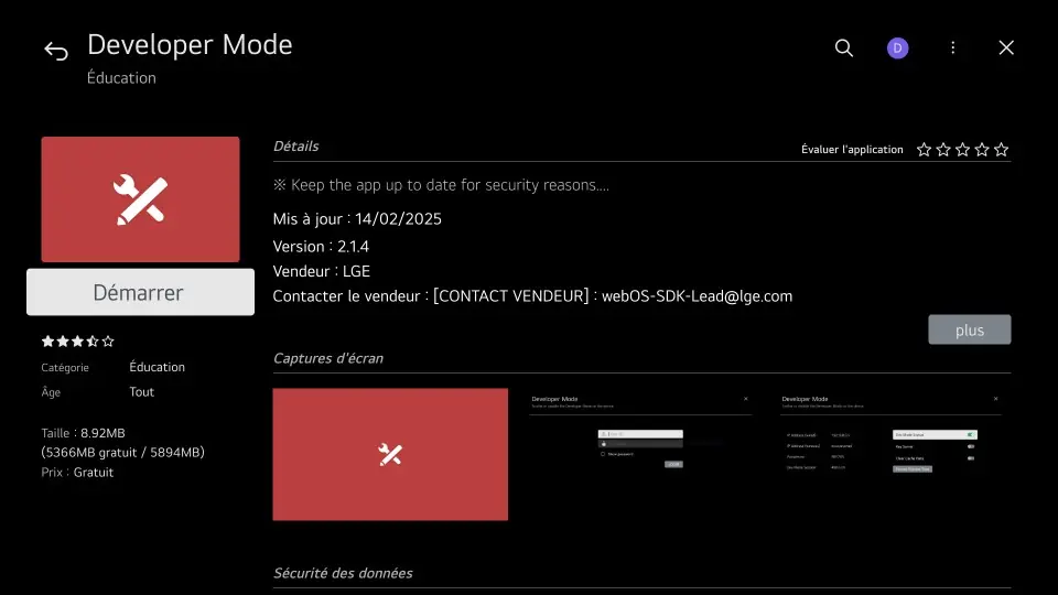 LG Content Store page of the Developer Mode app