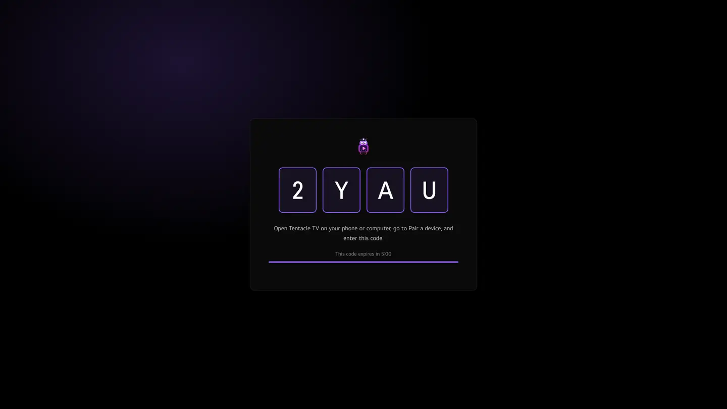Tentacle TV on an LG TV, showing its four-character pairing code