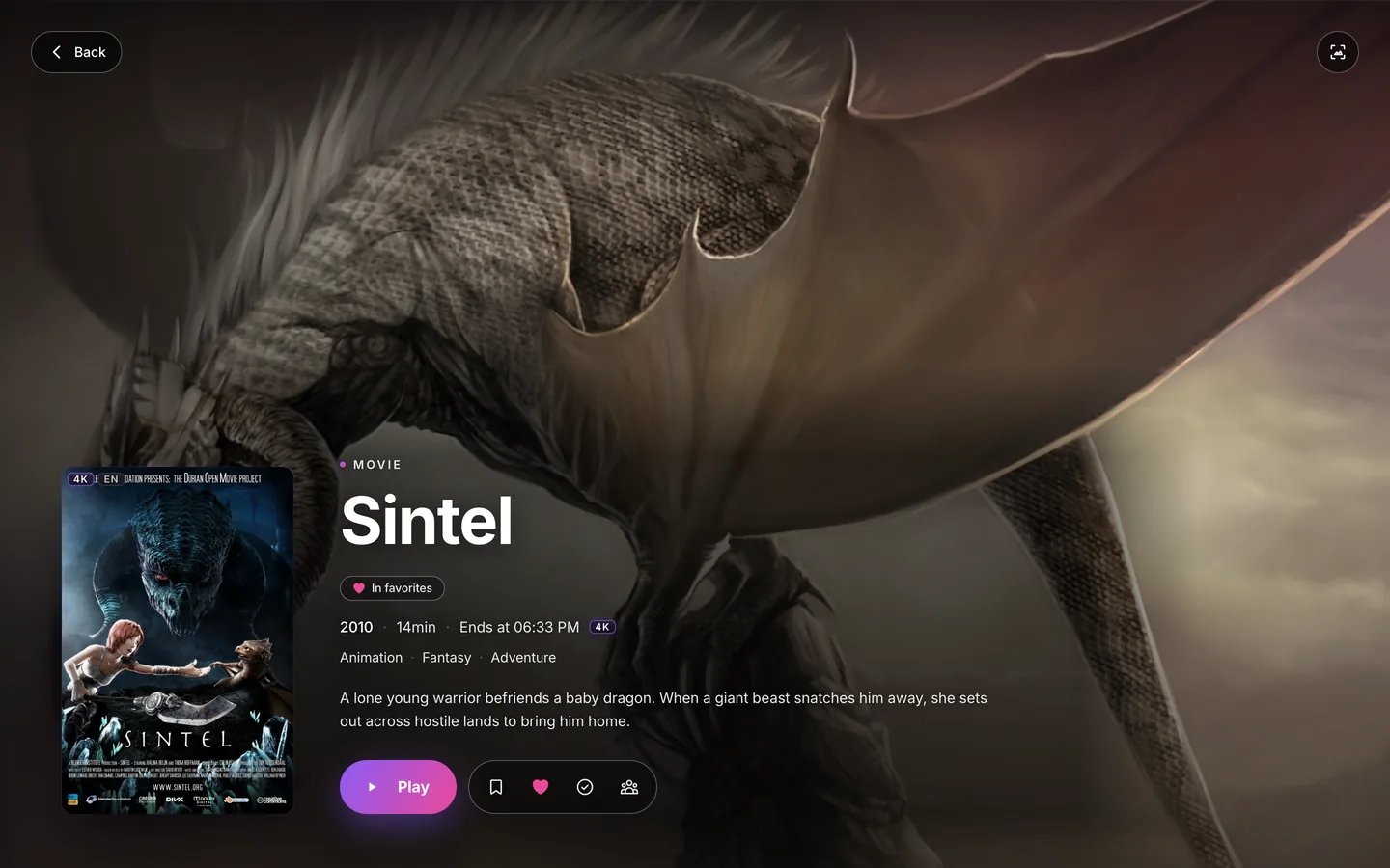 Film detail page: poster, synopsis, Play button and rating