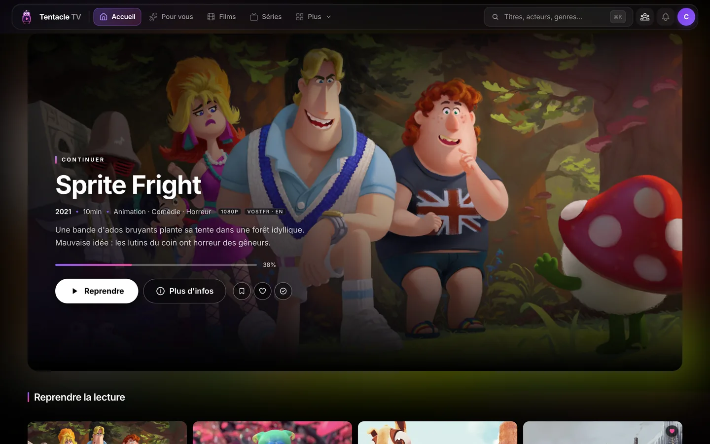 Tentacle TV home page in a web browser, with the Sprite Fright billboard