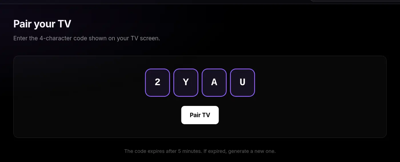 Pairing page with the TV code entered