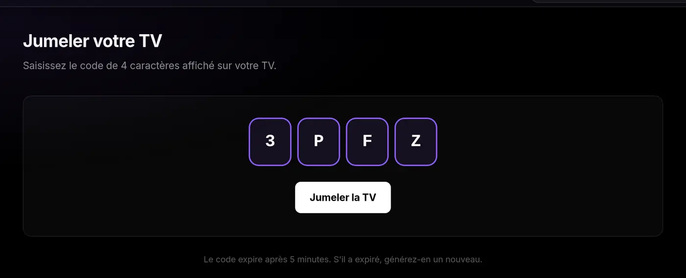 Pairing page with the TV code entered
