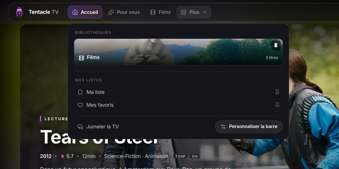 Tentacle web app, More menu open with the Pair TV item
