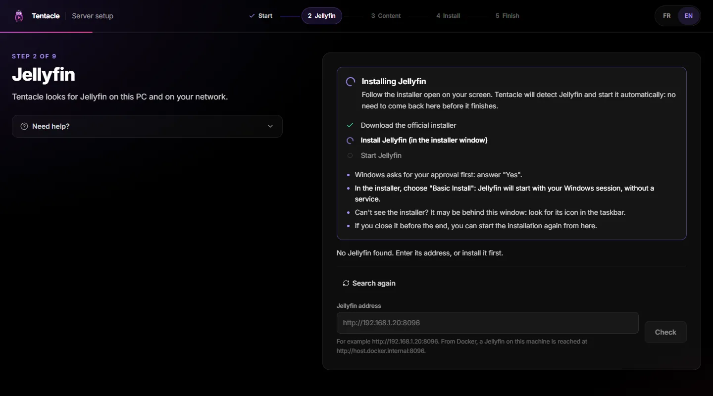 Installing Jellyfin: installer downloaded, installation in progress in the installer window, then start