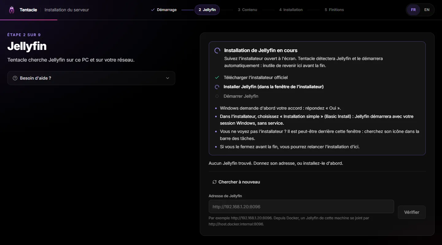 Installing Jellyfin: installer downloaded, installation in progress in the installer window, then start