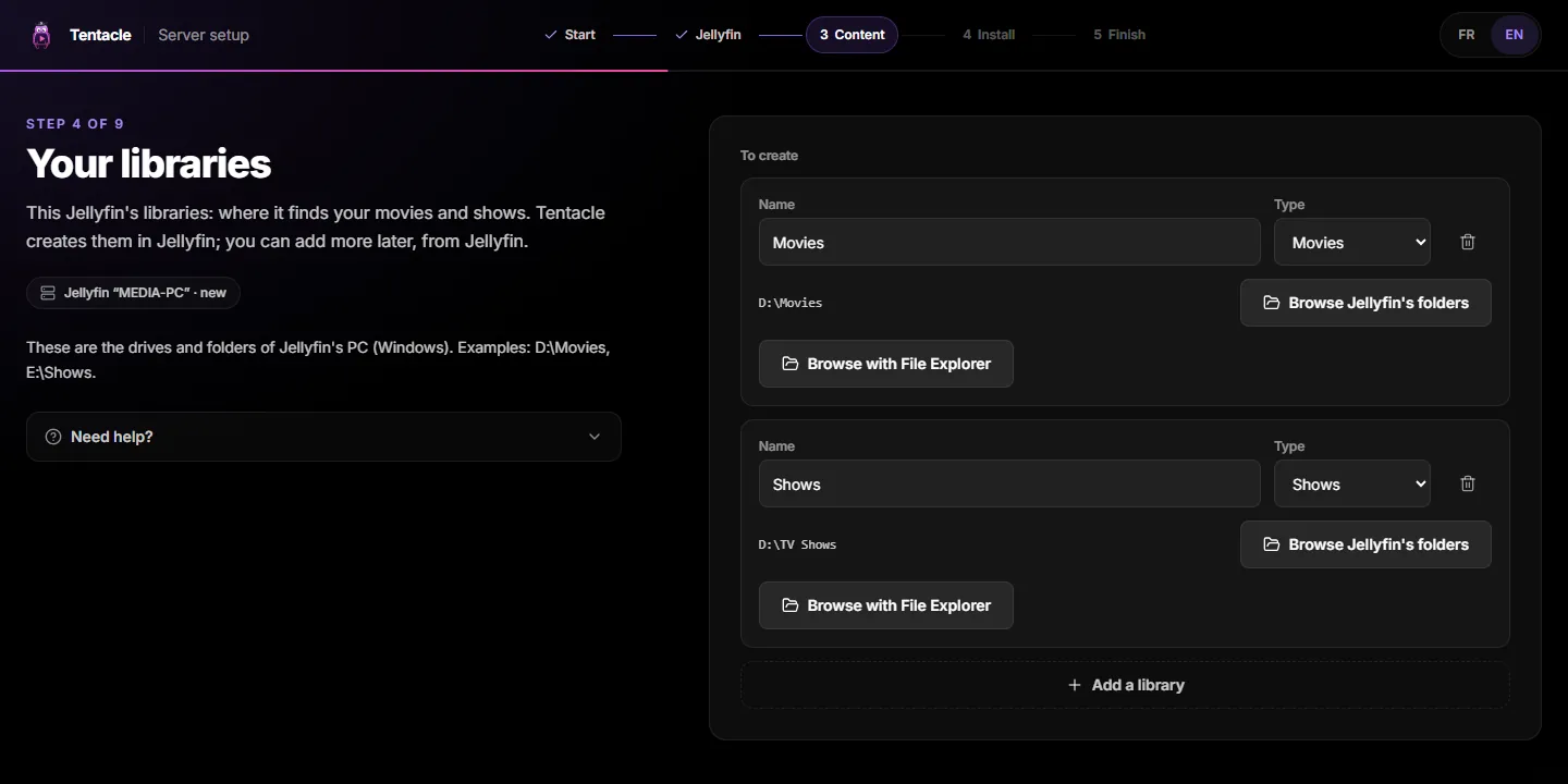 The libraries screen: Movies on D:\Movies and Shows on D:\TV Shows, each with “Browse with File Explorer”