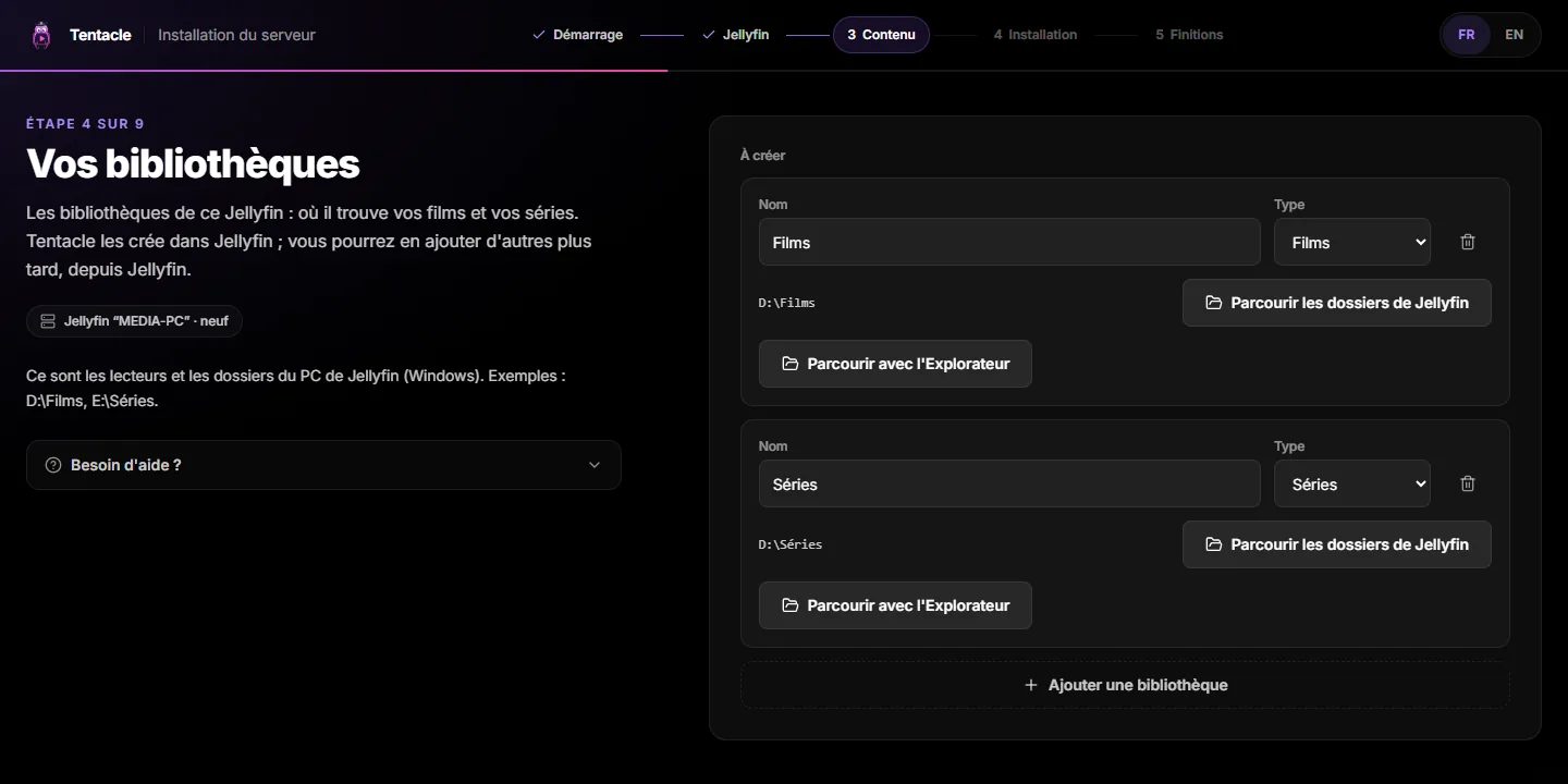 The libraries screen: Movies on D:\Movies and Shows on D:\TV Shows, each with “Browse with File Explorer”