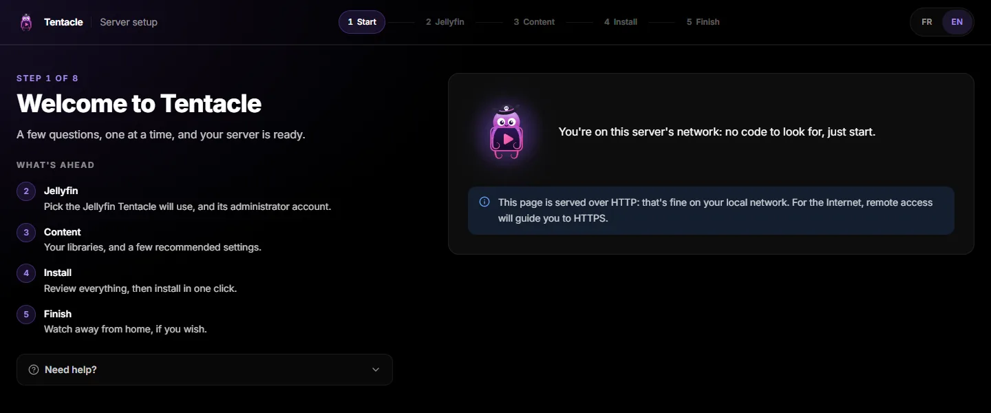 The wizard’s welcome screen: you’re on this server’s network, no code to look for