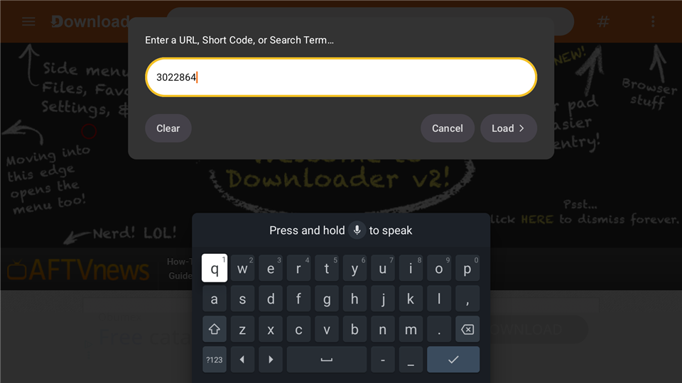 Downloader code 3022864 entered in the address bar