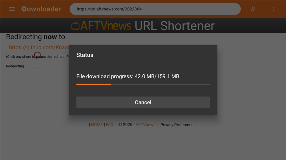 Downloader downloading the Tentacle TV APK
