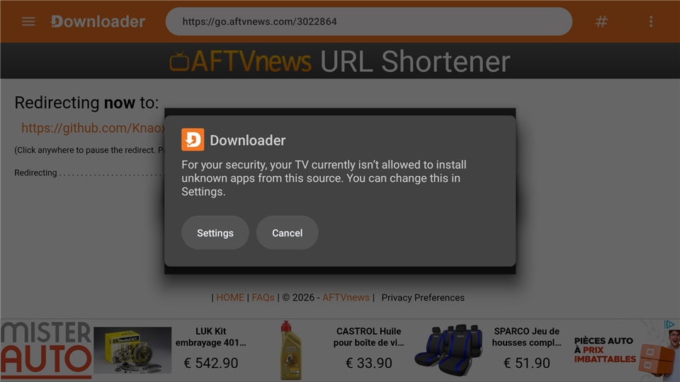 Downloader permission prompt: open Settings