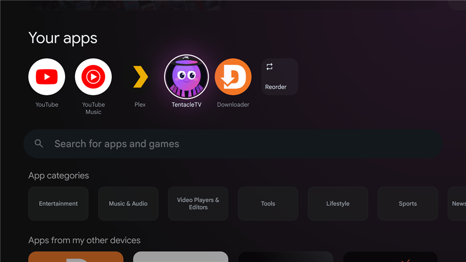 Tentacle TV in the Your apps row